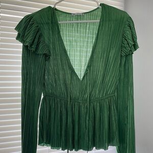 Zara Elegant Sleeved Green Pleated Top